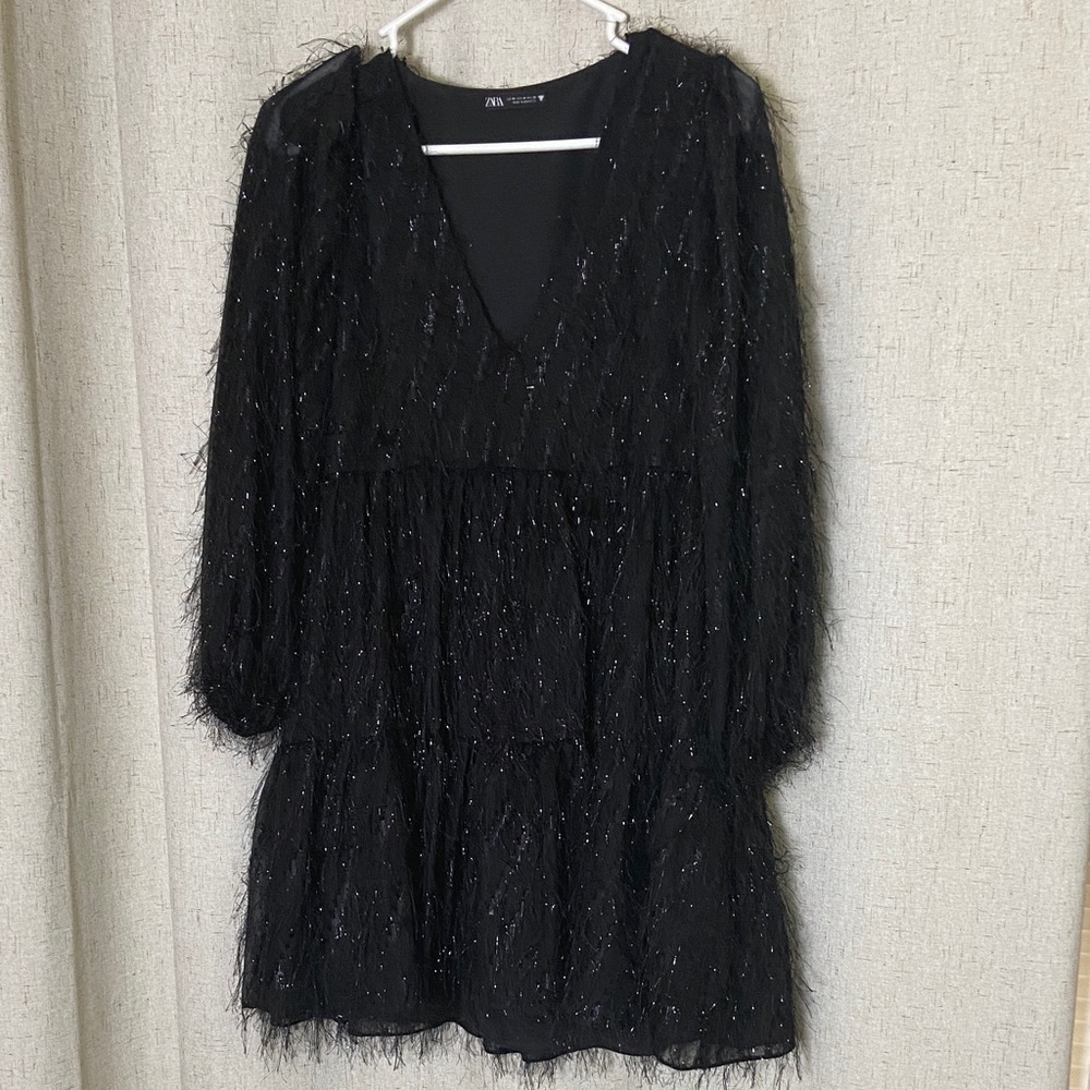 Zara Black 3/4 Sleeve Babydoll Tiered Party Dress